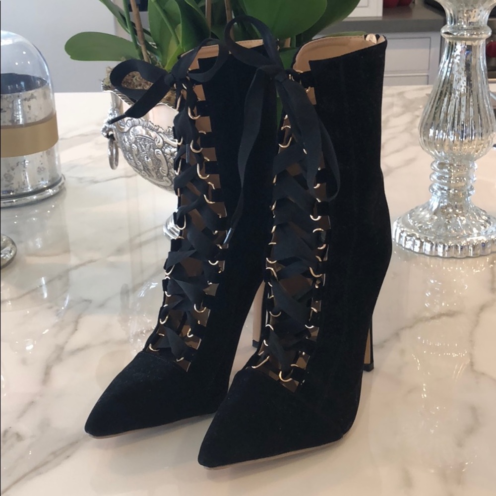 Sexy pointed toe velvet lace up boots